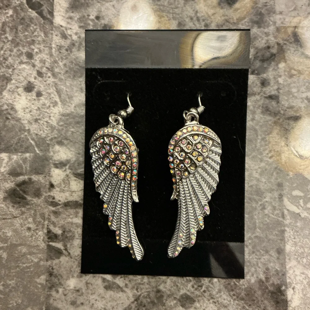 Whimsigoth Angel Fairy Wing Earrings Silvertone Iridescent Biker Rodeo Festival